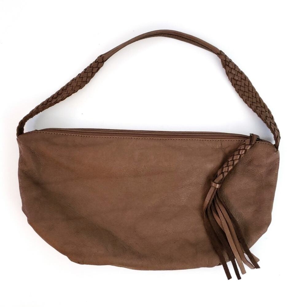 J. Jill Leather Hobo Purse Shoulder Bag Brown 100% Leather Braided Strap, Tassel